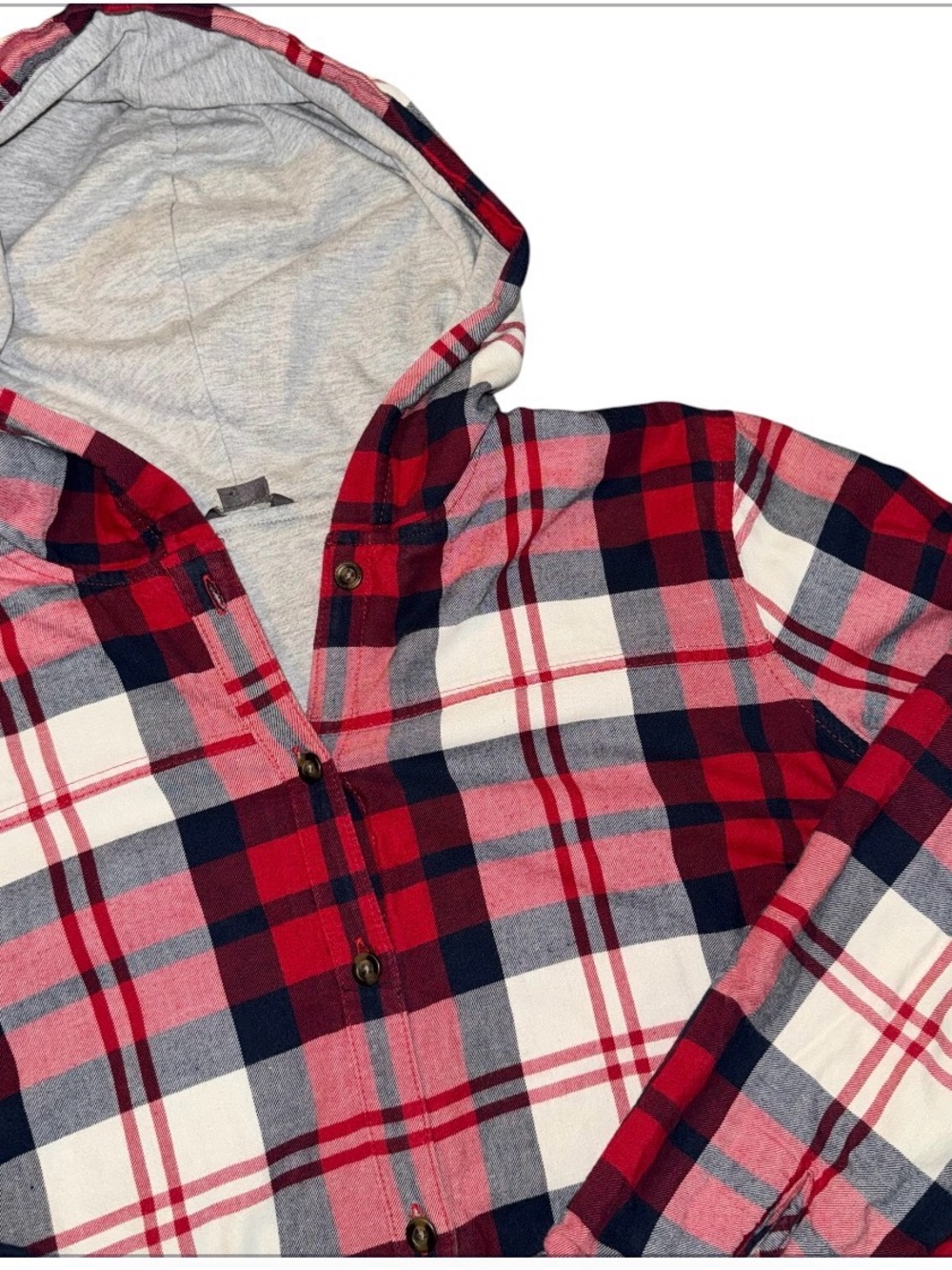 Eddie Bauer Hooded Flannel Women's L Red Plaid Lined Shirt Layering Shacket